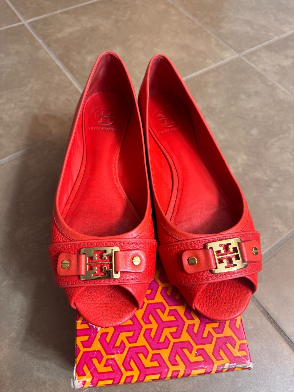Tory Burch Red Leather Peep-Toe Flats with Gold Logo